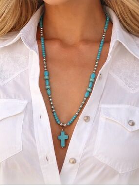 Turquoise silver tone Bead Cross Necklace - Women Jewelry